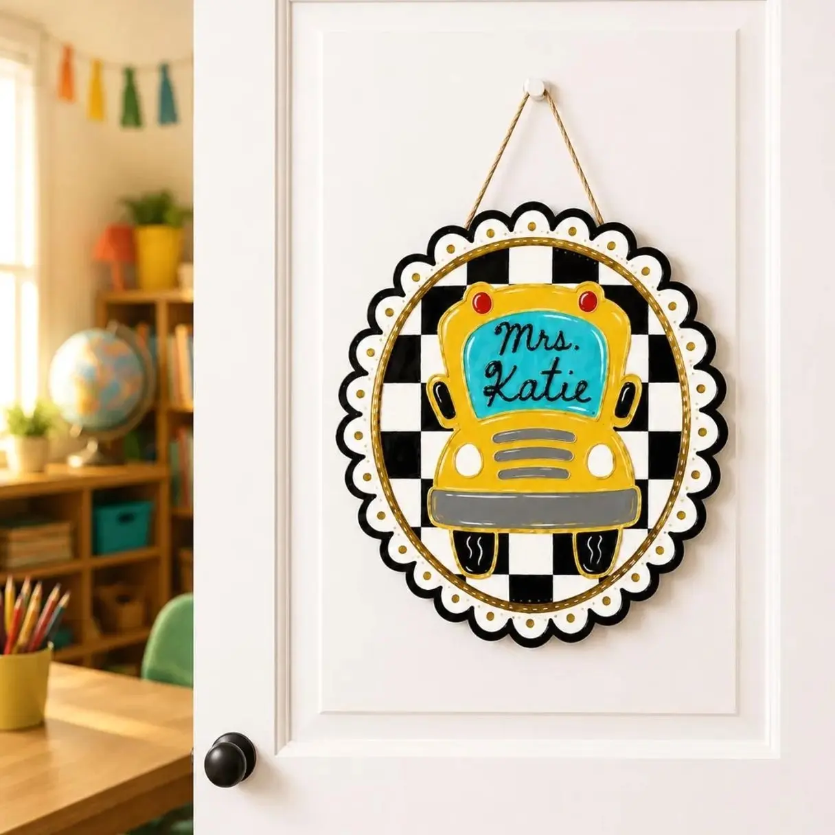 Personalized Teacher Door Wooden Sign 1 Layer, Checkered Classroom Door Hanger, Custom Name Decor