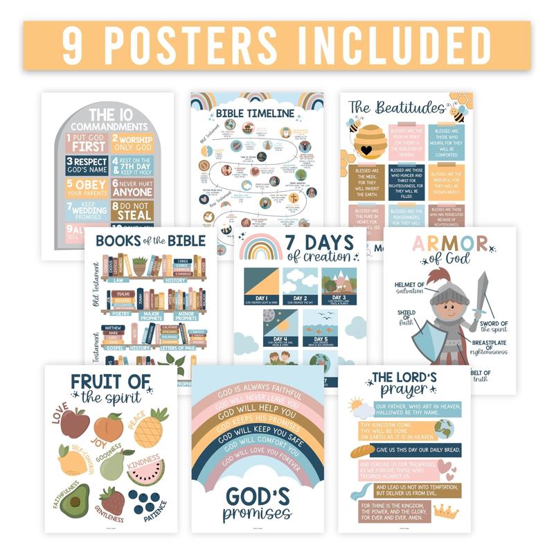 Bible Posters | Set of 9 | Sunday School Classroom Decoration Sticker Learning Tool