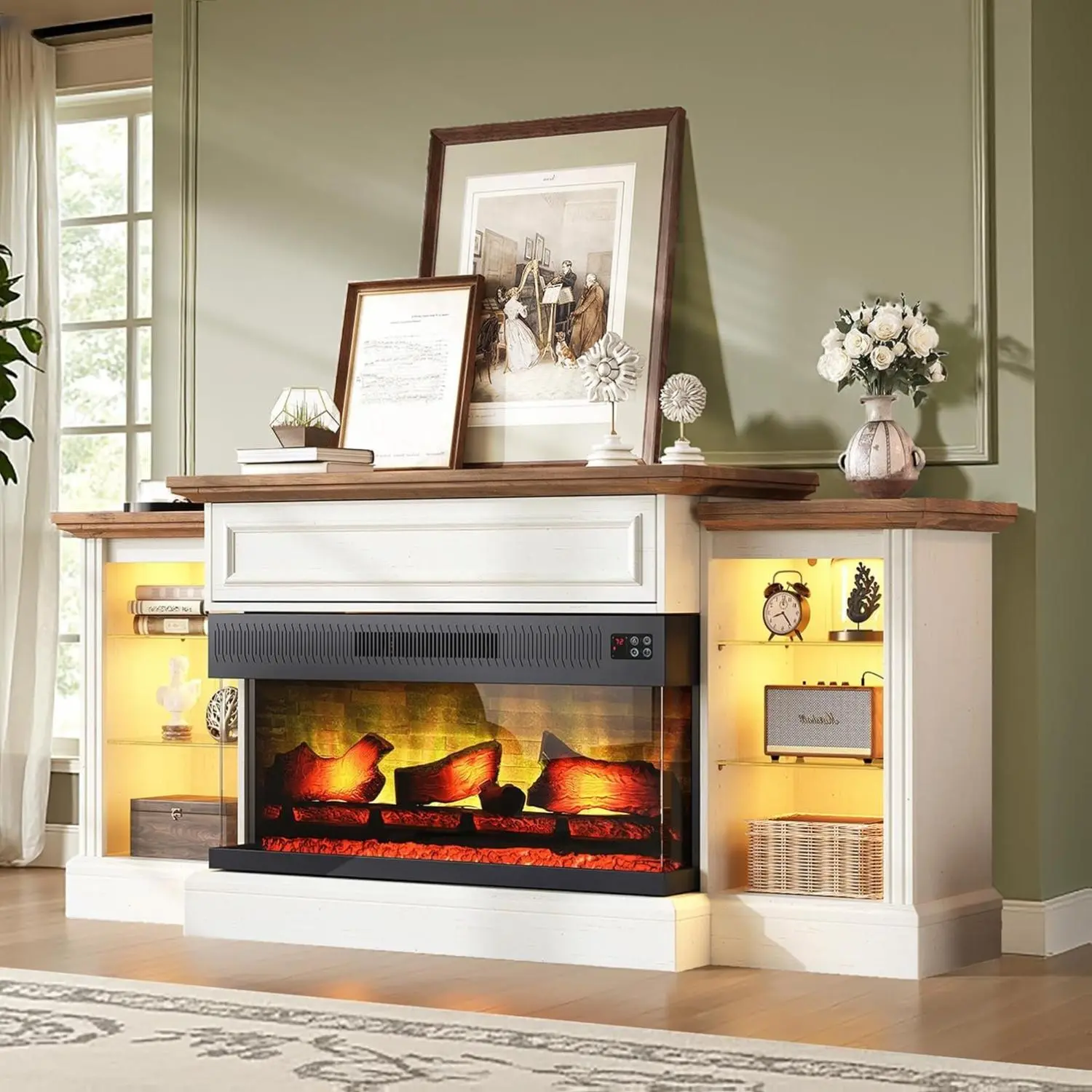 AMERLIFE 60/70" Fireplace TV Stand with 36" 3-Sided Glass Electric Fireplace, Farmhouse Media Entertainment Center with LED Light & Hiden Flip-up Door, TV Console Storage Cabinet for TVs up to 65/80"