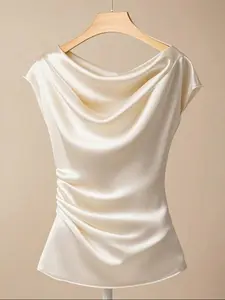 Elegant Satin Shirt for Women, Summer French Style Slimming Blouse, Thin Woven Fabric, Fitted Design, Casual Chic Sleeveless, Perfect for Casual Wear