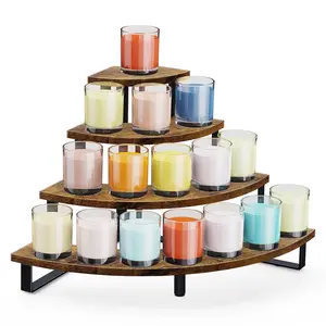 Wooden Display Stand, Tiered Display Riser with Metal Frame for Perfume Cupcakes Collectibles, Tabletop Retail Display Shelves Rack for Vendors Craft Show, Corner Curved