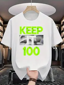 Men's KEEP IT 100 Graphic T-Shirt - Bold Neon Green & Red Typography, Lightweight Everyday Casual Tee For Streetwear, Parties, Outings - Machine Washable Regular Fit Shirt, Outdoor Leisurewear, Streetwear Fashion, Comfortable Fabric