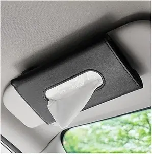 Car Tissue Holder, Leather Hanging Paper Towel Clip with Tissue Refill, Rectangle Napkin Holder , Interior Car Accessories for Tissue Storage ( Black, Smooth)