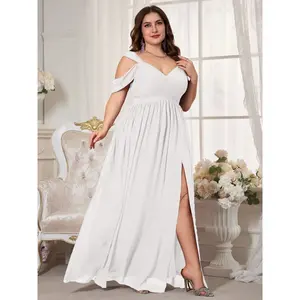 Elegant V Neck Backless Ruched Waist Chiffon Dress, High Slit Bridesmaid Gown, Pure Color Flowy A-Line, Perfect for Weddings