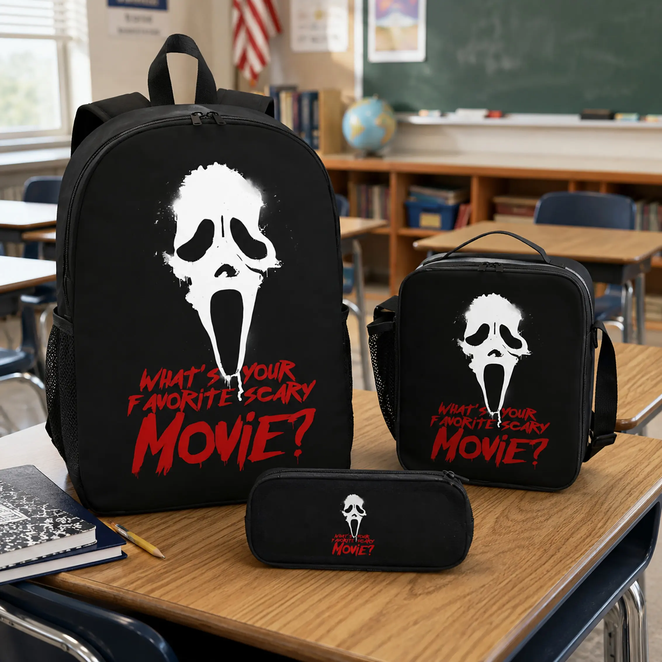 Scream Graphic Backpack Set Durable Polyester 3 Pieces Backpack Lunch Box Pencil Case Lightweight TK School Travel Bag For Kids Boys Girls Teens Students Trendy Tiktok Stylish Durable Bookbag