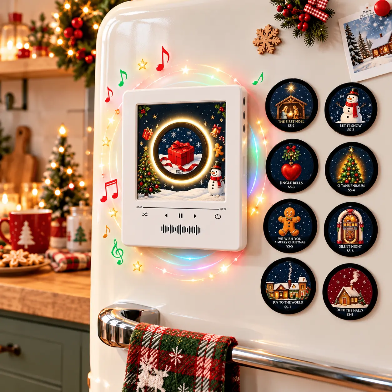 Christmas Mini Vinyl Player, NFC Fridge Magnet Music Player Set- Includes 9 vinyl records, mini record player, Christmas gift