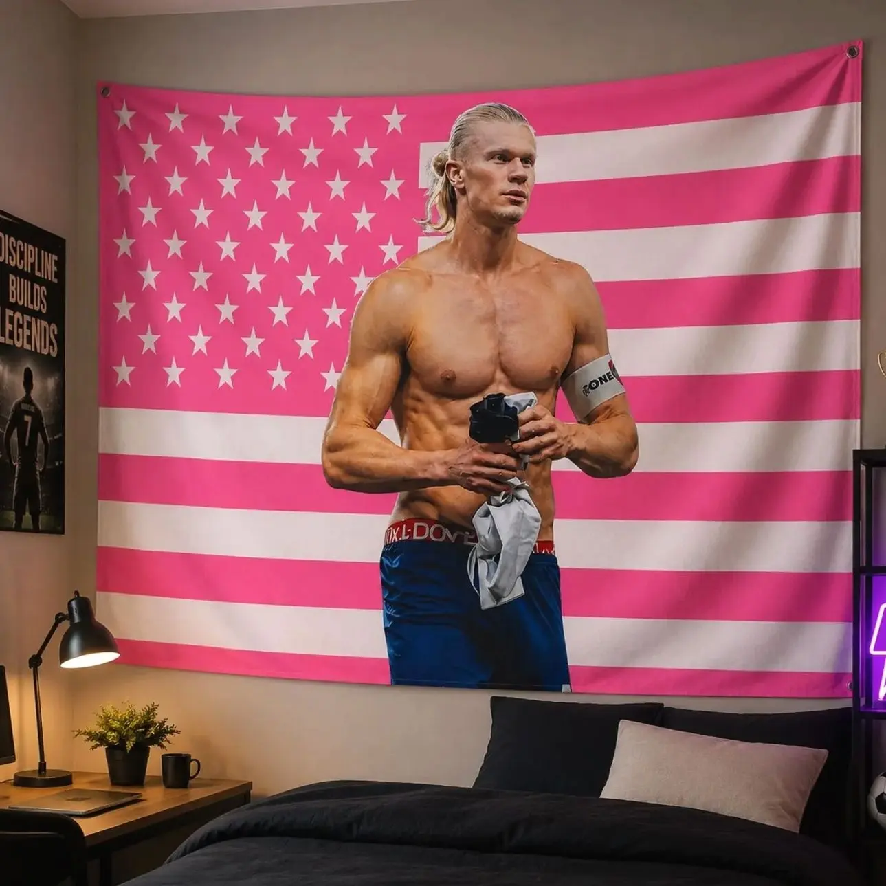Erling Haaland American Pink Flag, Soccer Wall Flag, Football Bedroom Decor, Room Decor, Fan Gift, gift for her