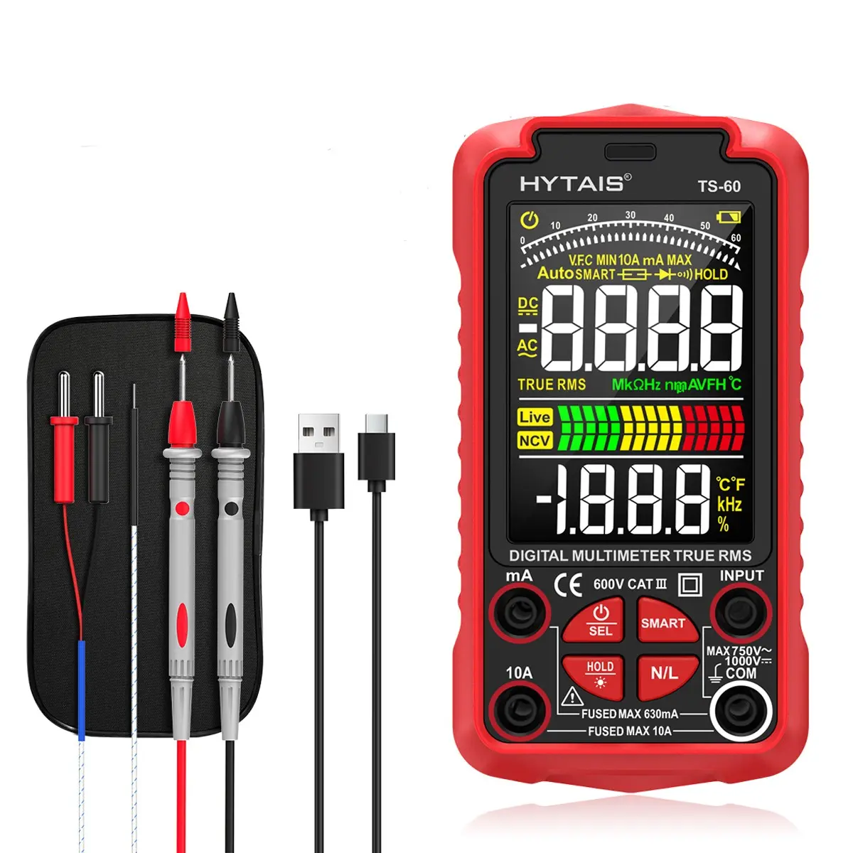 Ts-60 Digital Multimeter with Color Screen, Voltage Tester, Voltage Check Tool, Rechargeable AC/DC Voltage Current Resistance Temperature Capacitance Measurement, Ideal for Electricians Home Repair and Car Repair