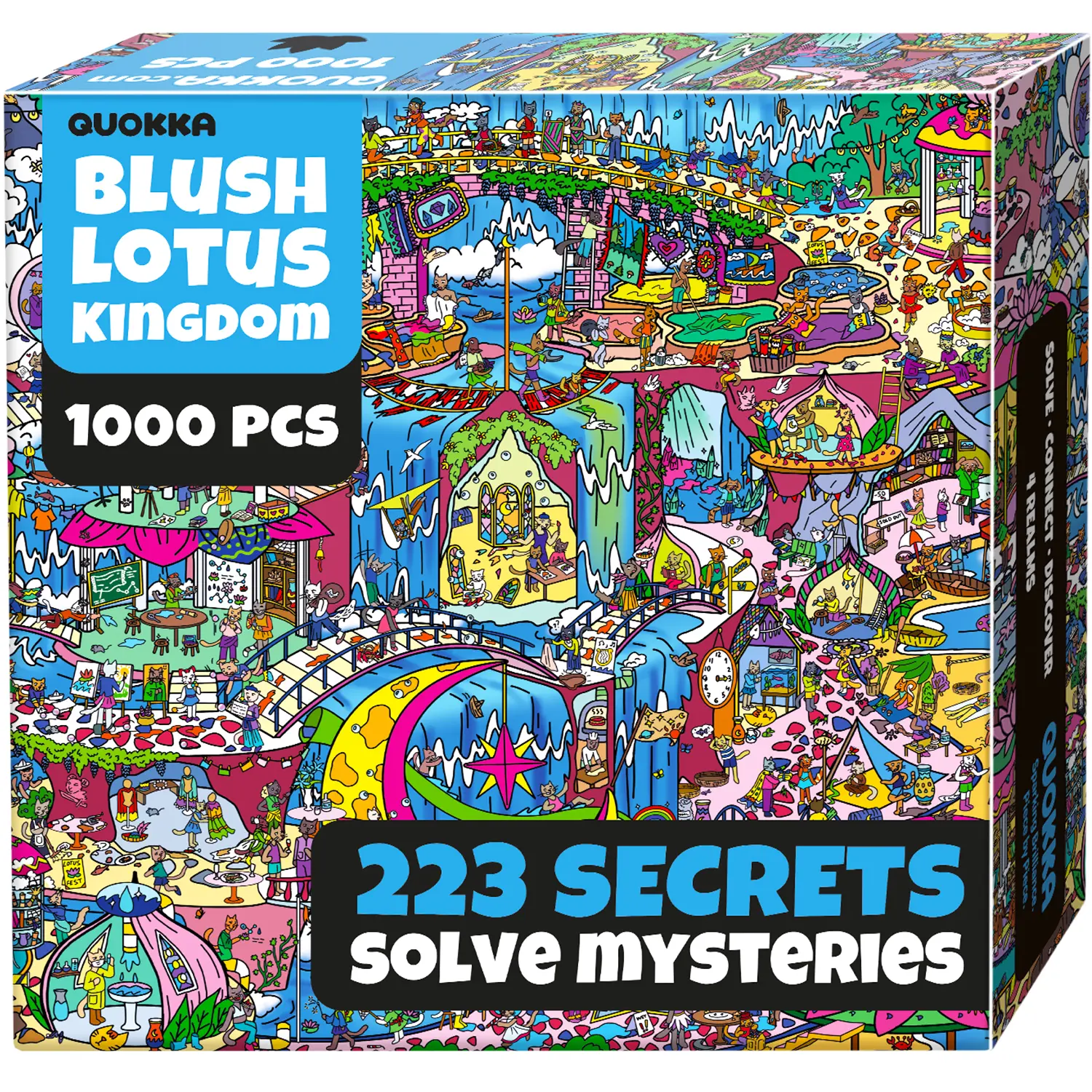 QUOKKA Mystery-Themed 1000-Piece Cardboard Jigsaw Puzzle for Adults (Blush Lotus Kingdom) - 223 Hidden Secrets, Engaging Audio Story, 4 Buildable Items for 1 Epic Realm, Boosts Expert Puzzle Skills, Sturdy Cardboard Pieces, Pieces Jigsaw Puzzles