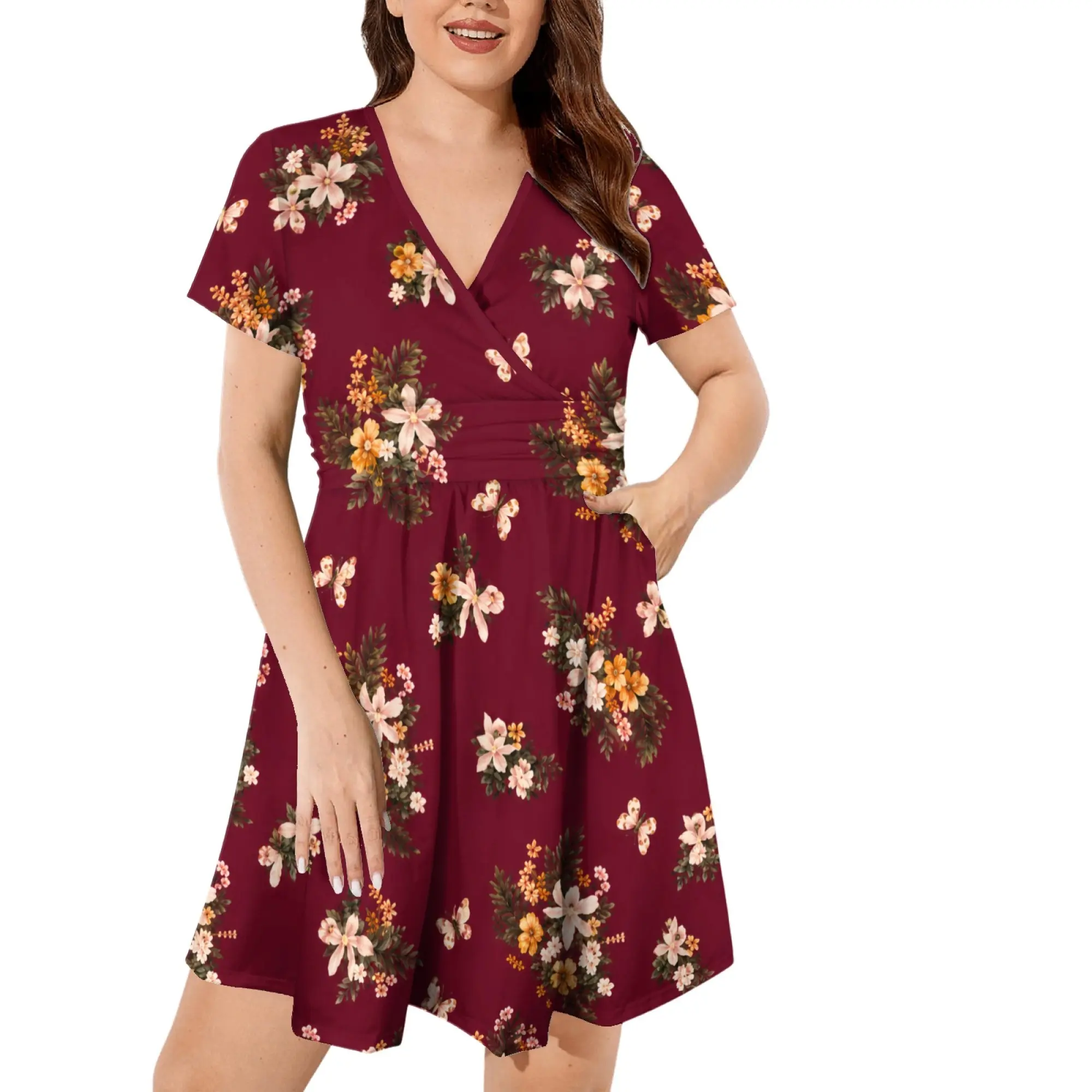Relaxed Cut Mid‑Length Dress Featuring Cross Front Design And Scattered Flower Patterns For Family Dinners And Holiday Get‑Together Occasions