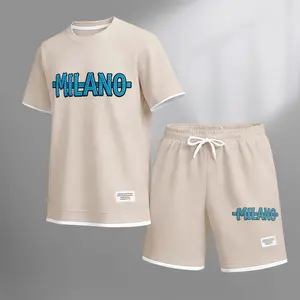 Men's MILANO print drawstring shorts set for spring/summer, a casual summer outfit including a short-sleeved shirt and shorts, suitable for everyday wear and sports. A two-piece set for a relaxed and energetic lifestyle.