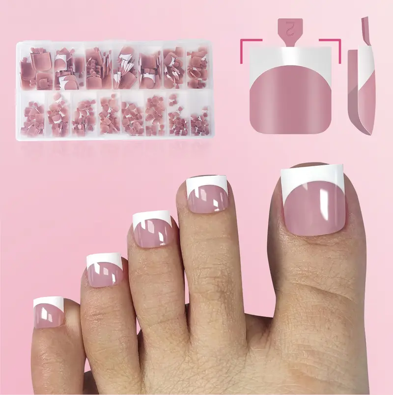 French Tip Toe Nail Tips Press on(15 Sizes 240 pcs), Sharp Square Pre-Designed Soft Gel False Toenail Extension, BERRY PINK Pre-applied Tip Primer & Base Coat, Full Cover Acrylic for DIY