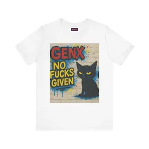 Women's cat lover and Gen X attitude Graphic T-Shirt - Short Sleeve Crew Neck Regular Fit Casual Wear | Soft & Breathable Fabric, Durable Print, Everyday Comfort, Machine Washable, graffiti art urban street art with a black cat sitting against a brick