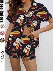 Women's Owl Broom Magic Print Pajama Set, Casual Loose-Fit Sleepwear Loungewear, Soft Shirt Collar Top & Elastic Shorts, All-Over Print Design Pjs