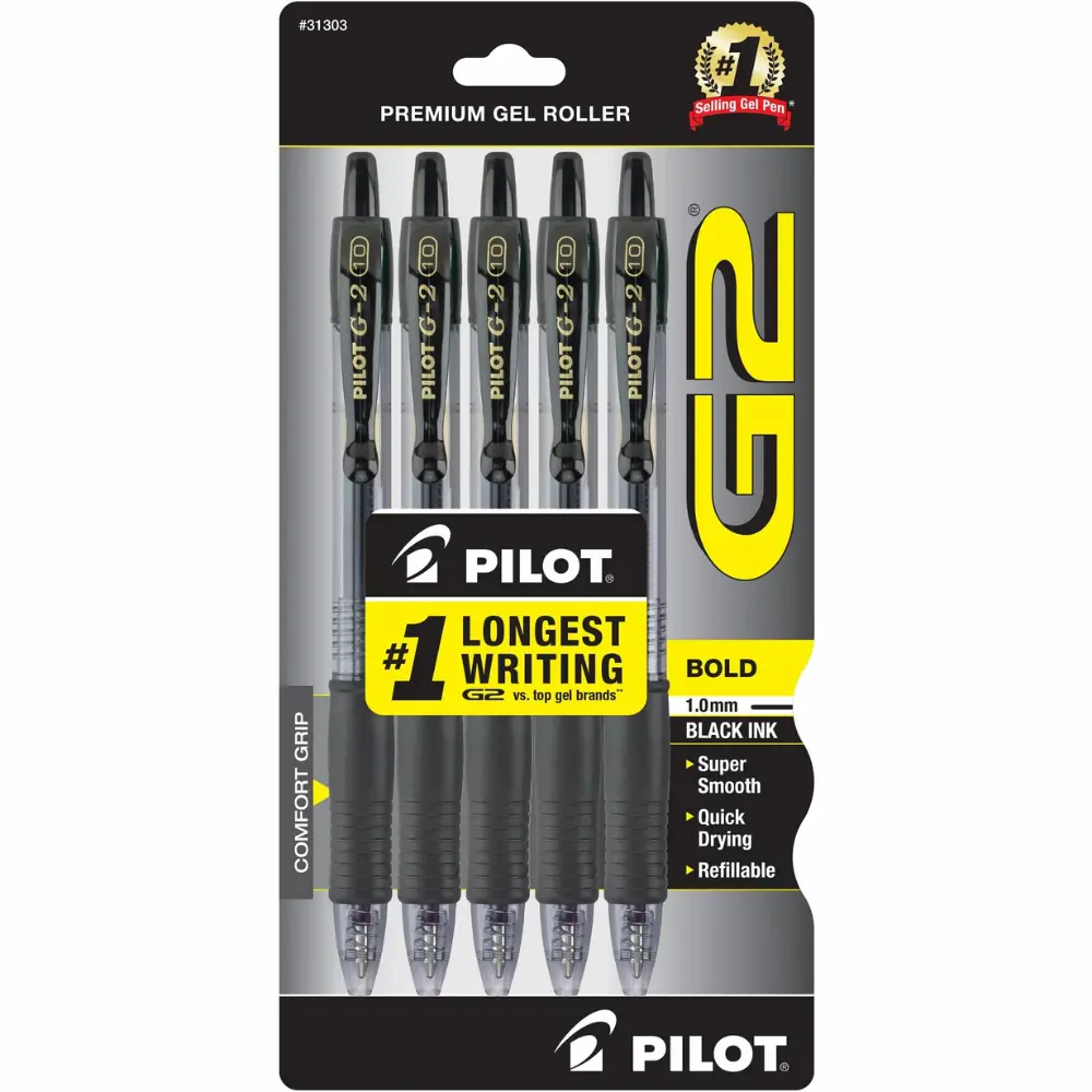 G2 Bold Point Retractable Gel Pens - Black Ink, 5 Pack for Thick and Bold Writing