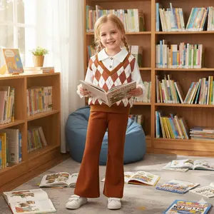 Trendy Girls Preppy Argyle Sweater Vest Outfit | Adorable Layered Look Long Sleeve Top & Comfy Bell Bottom Flare Pants 2 Piece Set | Perfect Fall Winter School Uniform Style for Toddler & Little Kids 4-7 Yrs