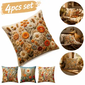 Four 18 x 18 inch designer-inspired floral throw pillowcases | Textured bohemian-style sofa cushions | Comfortable autumn farmhouse home decor