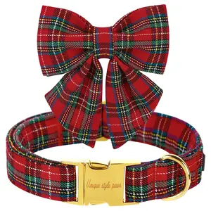 Unique Style Paws Festive Plaid Dog Collar with Bow Tie Christmas Scottish Tartan Adjustable Collar for Small Medium Large Dogs Soft Cotton D-Ring Non-Slip Buckle Ideal Holiday Gift