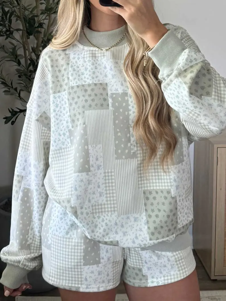 Women's Ribbed Long-Sleeve 2-Piece Shorts Set - Soft Patchwork Floral Print Drop-Shoulder Baggy Pullover Top, Drawstring Elastic Waist Relaxed-Fit Casual Loungewear Outfit for Everyday Wear,sohochic