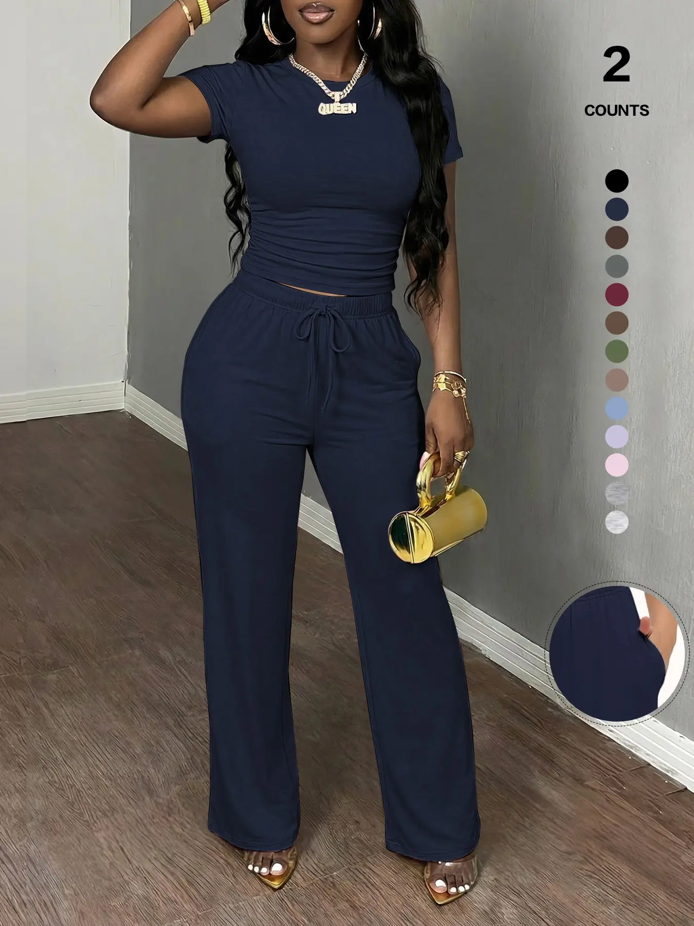 Women's Spring Summer Casual Set, Round Neck Short Sleeve Top & Wide Leg Pants, Slim Fit Home Wear, 2 Piece Comfortable, Casual Fashion Set Women's Spring Summer Casual Set, Round Neck Short Sleeve Top & Wide Leg Pants, Slim Fit Home Wear, 2 Piece Comfortable, Casual Fashion Set