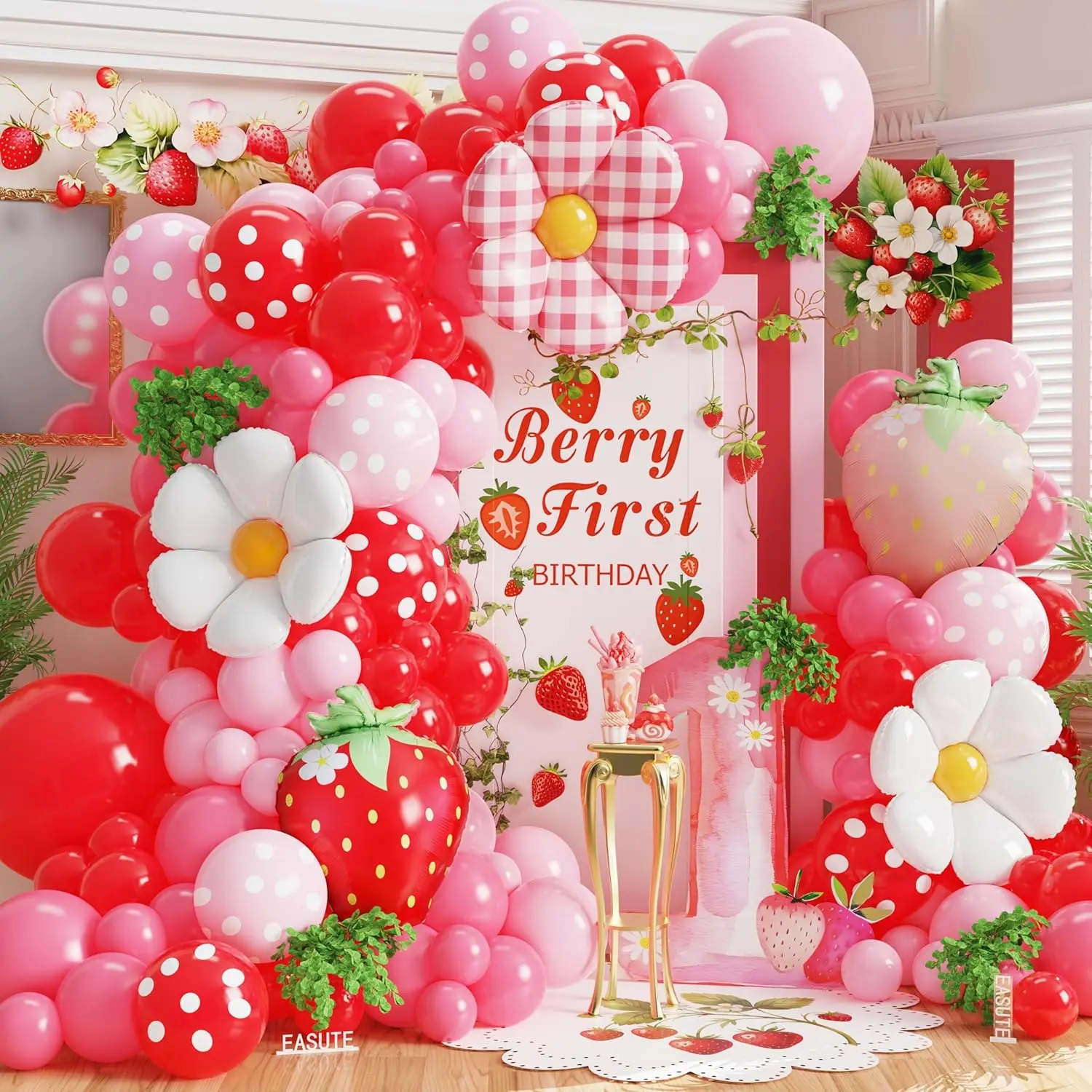 Strawberry Balloon Arch Garland Kit, 146Pcs Strawberry Birthday Decorations Red Pink Balloons with Strawberry Daisy Foil Balloons for Sweet One Berry First Birthday Baby Shower Party De