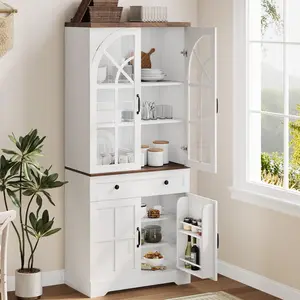 Farmhouse Pantry Cabinet, 71.9" Tall Freestanding Kitchen Cabinet with Tempered Glass Doors& Anti-Tip Design for Kitchen, Dining Room & Living Room,White