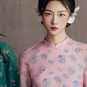 Xuan Ca Ao dai set - flowers in Pink