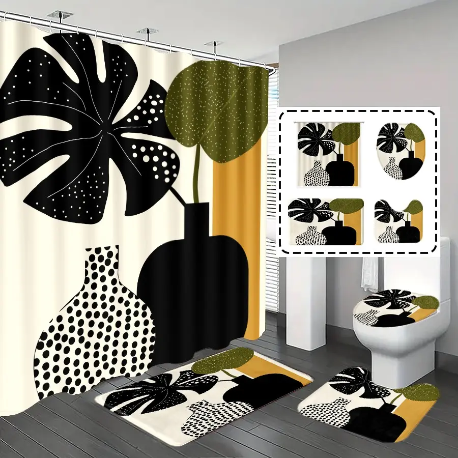 1pc/4pcs, Shower Curtain Sets, bathroom set, shower curtains, bathroom decor, bathroom rug, bathroom mat, Tropical Plant Patterns, with 12 hooks, Decoration
