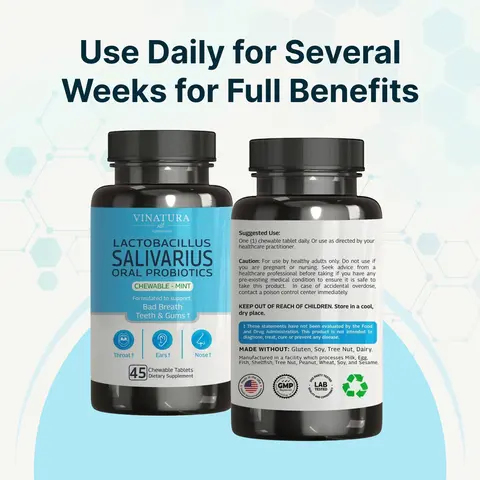 VINATURA Lactobacillus Salivarius Oral Probiotics - Mouth Bad Breath Treatment for Adults, Dental Probiotics for Teeth & Gums - 45 Edible Chewable Tablets Supplement Healthcare