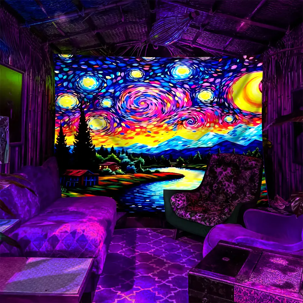 Van Gogh Style Psychedelic Starry Countryside Design UV Reactive Fluorescent Tapestry, Trippy Tapestry, Decorative Tapestry, Glow-in-the-Dark Polyester Wall Decor for Home, Party, Multiple Sizes, Easy Clean, Soft & Durable, Perfect Gift for Art