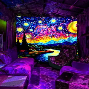 Van Gogh Style Psychedelic Starry Countryside Design UV Reactive Fluorescent Tapestry, Glow-in-the-Dark Polyester Wall Decor for Bedroom,Party, Game Room, and Living Room, Multiple Sizes Polyester Fabric, Easy Clean, Soft & Durable, Perfect Gift for Art