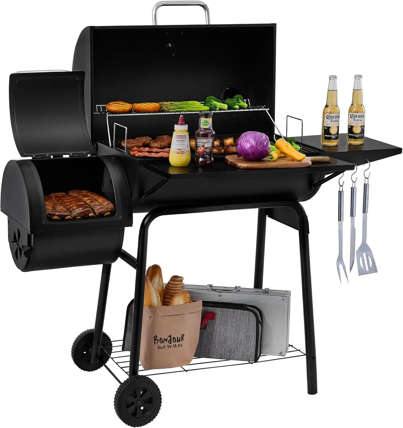 BBQ Charcoal Grill and Offset Smoker| 823 Square Inch cooking surface, Outdoor for Camping| Black
