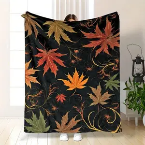 French Style White Flannel Throw Blanket With Maple Leaf Pattern - Soft Lightweight Warm Bedspread All Seasons, Cozy Bed Sofa Office Camping Travel Blanket, French Country Autumn Leaf Design Bedding Accessory Thanksgiving