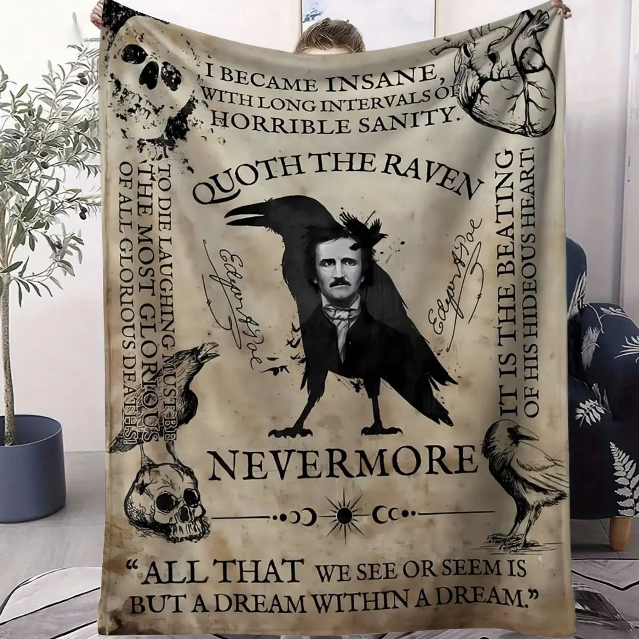 Dark Academia Throw Blanket, Gothic Raven Flannel Blanket, Cozy Gift for Readers