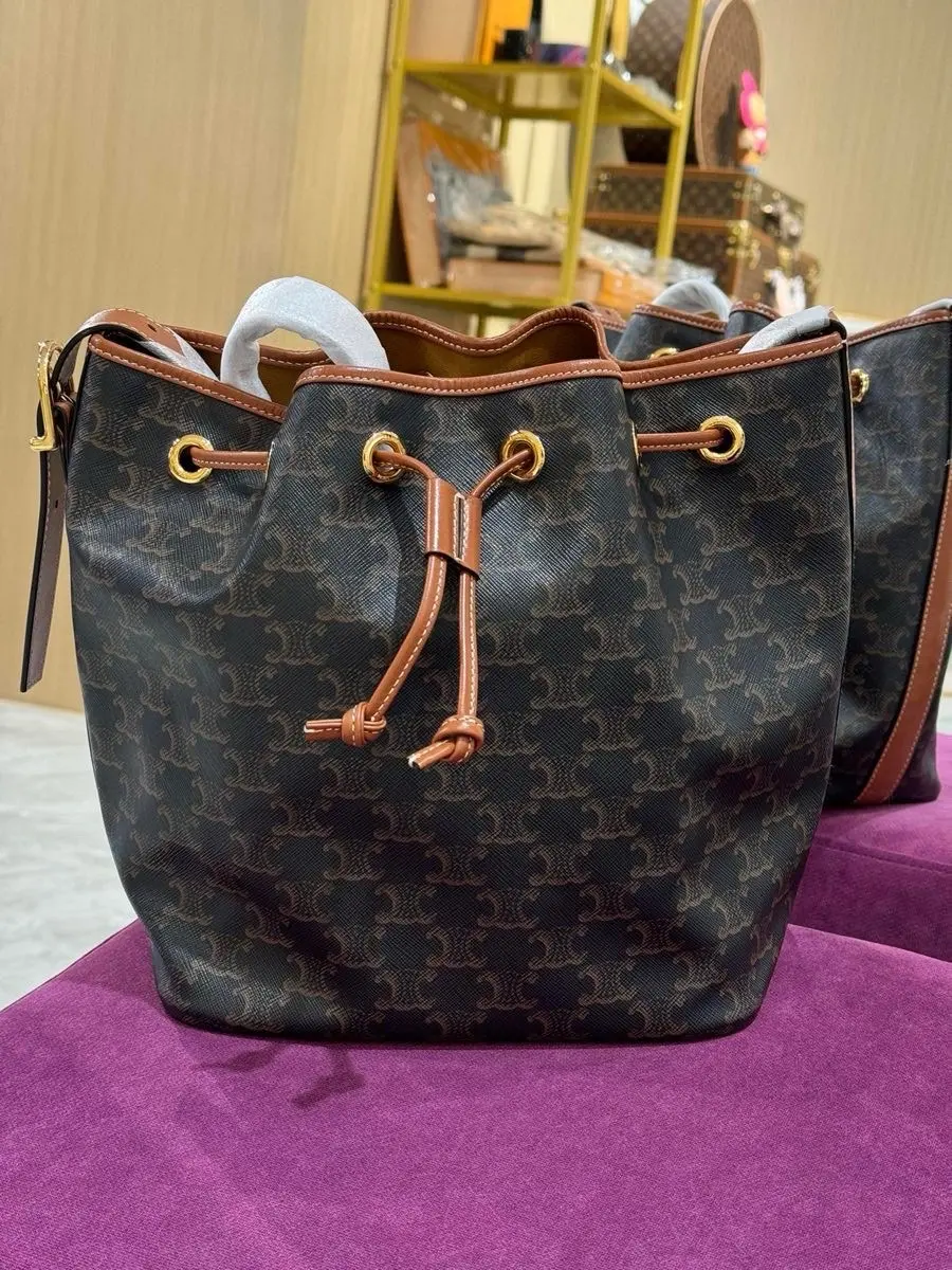 Pre-owned Celine Triomphe Canvas Large Drawstring Bucket Bag Excellent Condition【2411731】