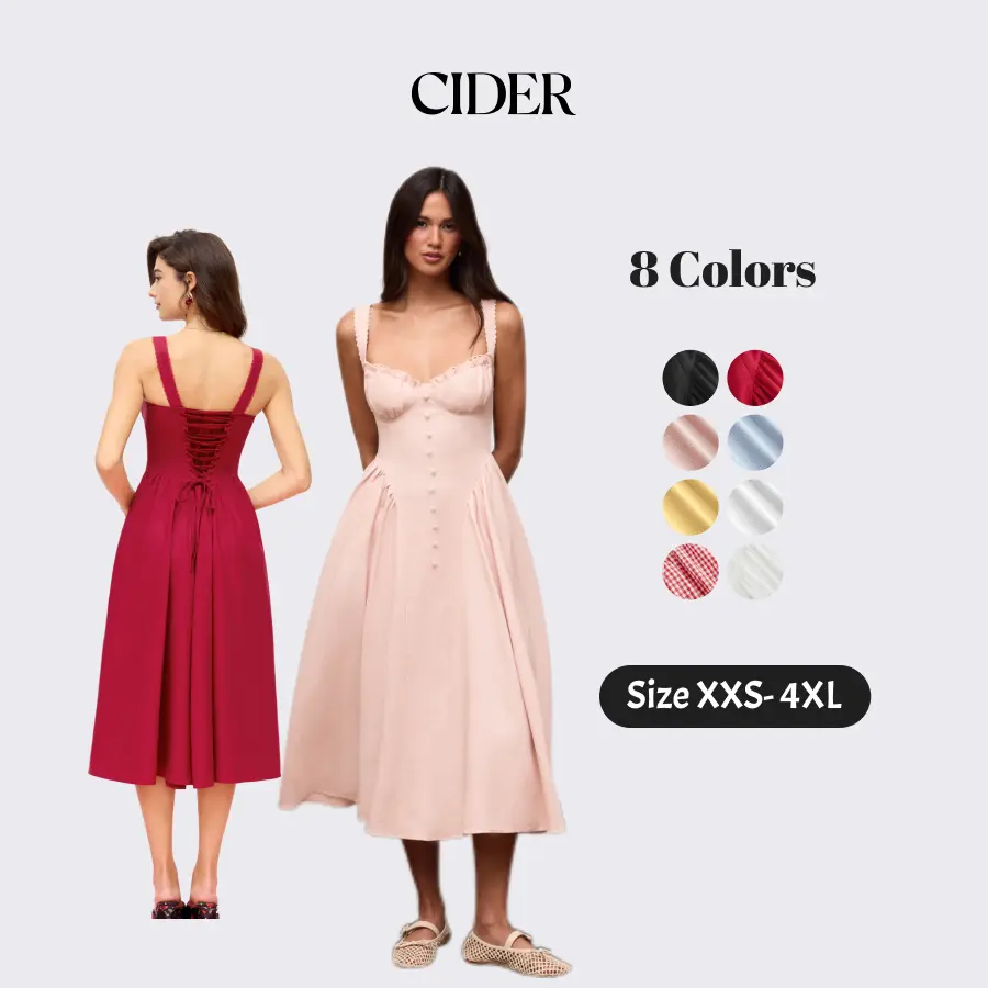 Cider Women's Clothes - Vintage Formal Sundress, a Cotton Blend Casual Fitted Dress with Floor-Length Hem, U-Neck and Back Lace-Up, Sundresses, U-Shaped Neck