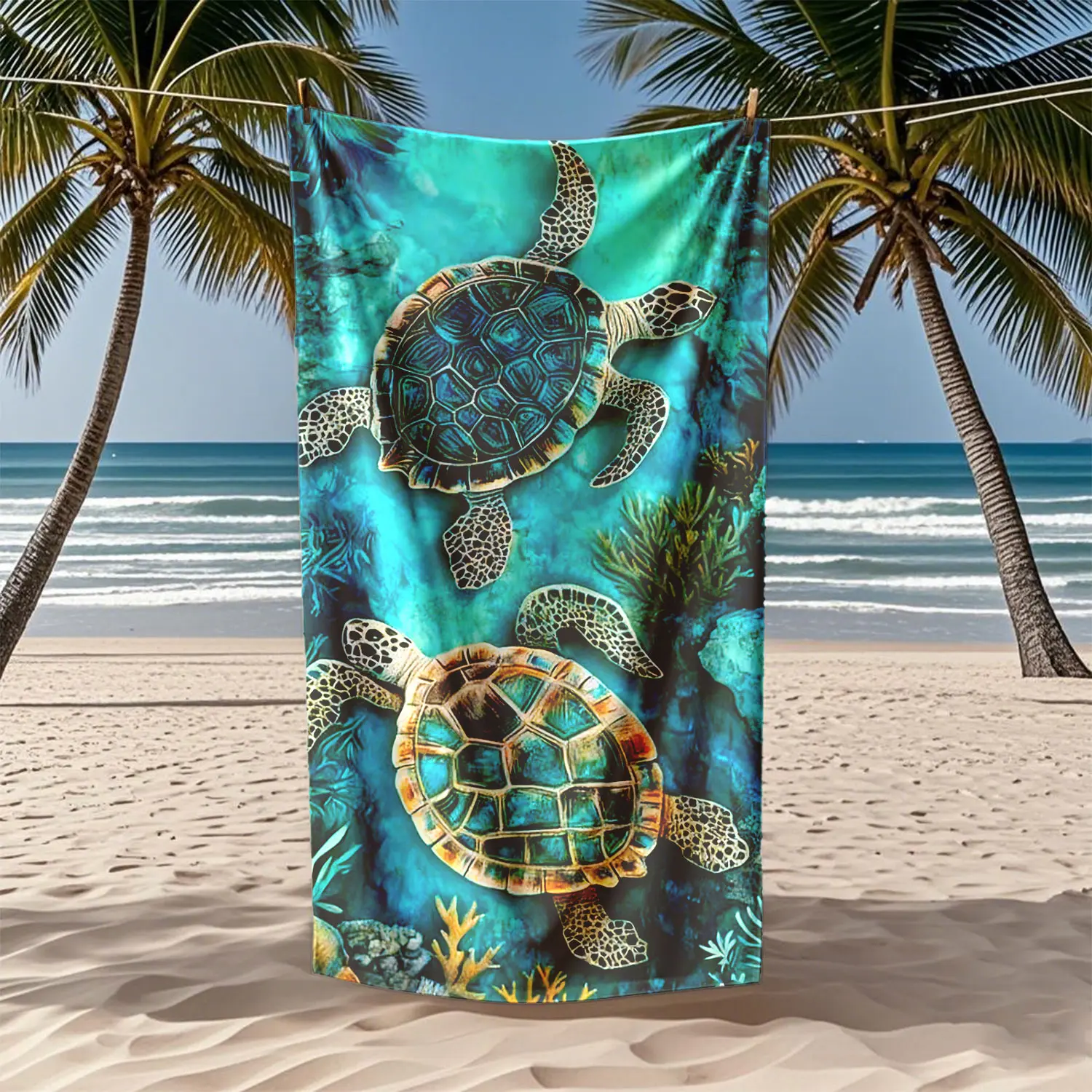 Large Lightweight Quick-Dry Microfiber Beach Towel, Travel Towels, Turtle & Coral Reef Pattern, Perfect for Travel, Pool, Yoga, Surfing, Camping, Gym, Hiking