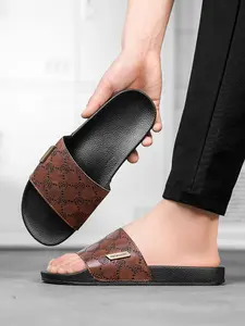 Men's Ultra-Light Breathable Asymmetrical Sandals, Striped Design PVC Indoor Slippers, Casual Summer Anti-Slip Beach Shoes, Leather