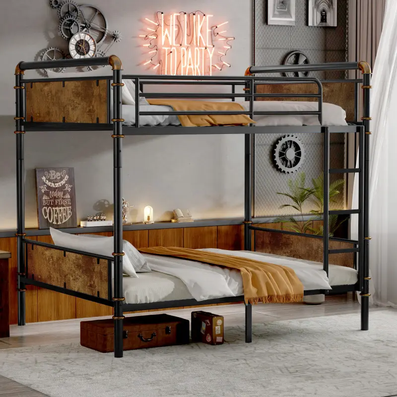 Metal Bunk Bed Industrial Detachable Bunkbeds with Safety Guard Rails for Teens Black Convertible Design 3-Step Non-Slip Ladder 8.1" Under Bed Storage Vintage Wood and Gold Painting