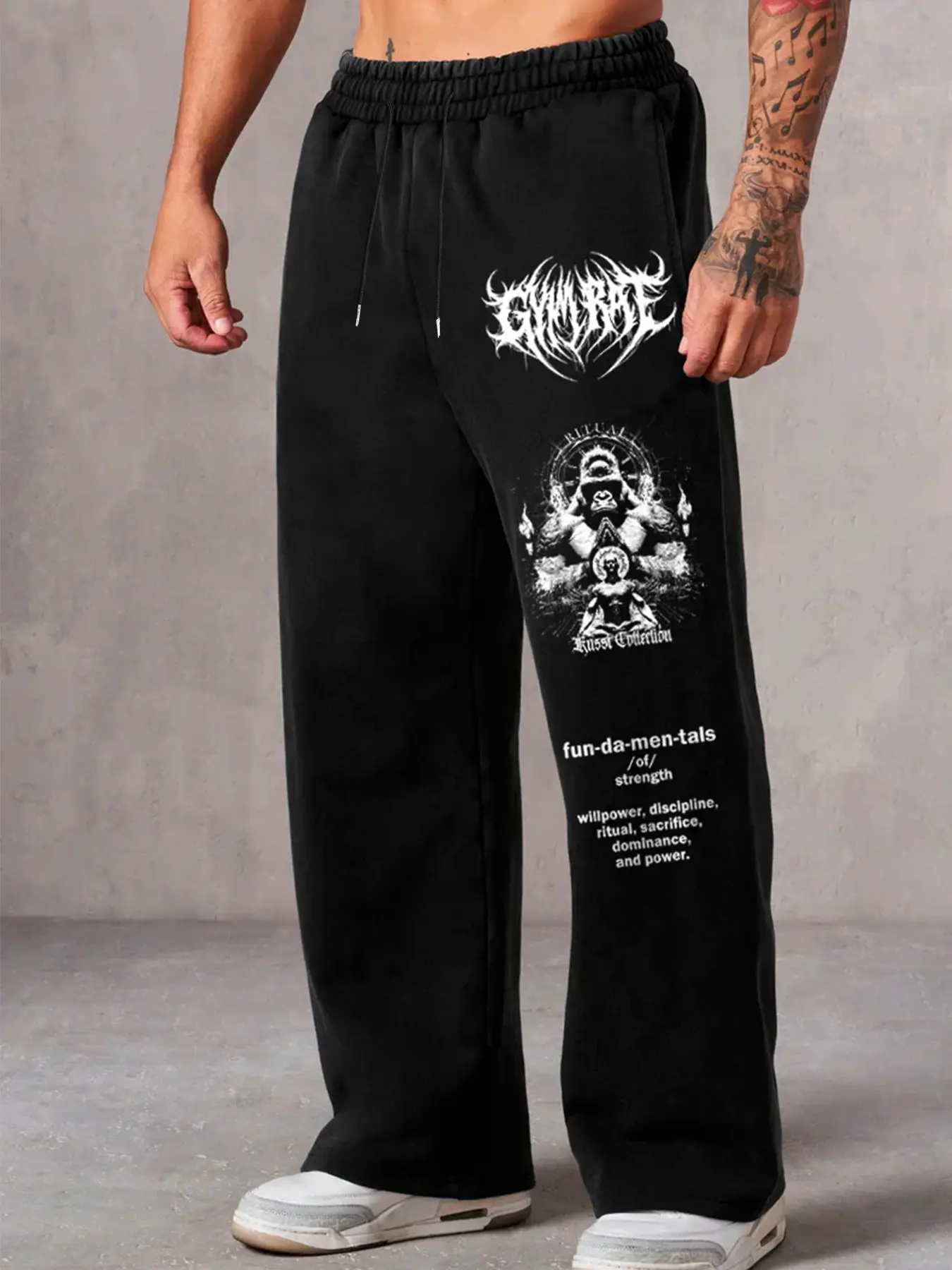 Dark Metal Gym Rat Graphic Wide Leg Sweatpants - High-Waist Loose Fit Joggers with Ritual Gorilla Design, Aesthetic Streetwear Pump Cover for Training and Casual Wear, Sweat Pant Print