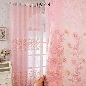 1panel Cherry Blossom Embroidered Transparent Curtain, Top Ring Hanging, Bedroom Balcony Living Room Decor, Create Atmosphere