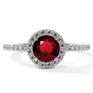 Classic Round Ruby Halo Ring with Prong Set Diamonds (1.35cttw)- RRB001-6X6-AAA