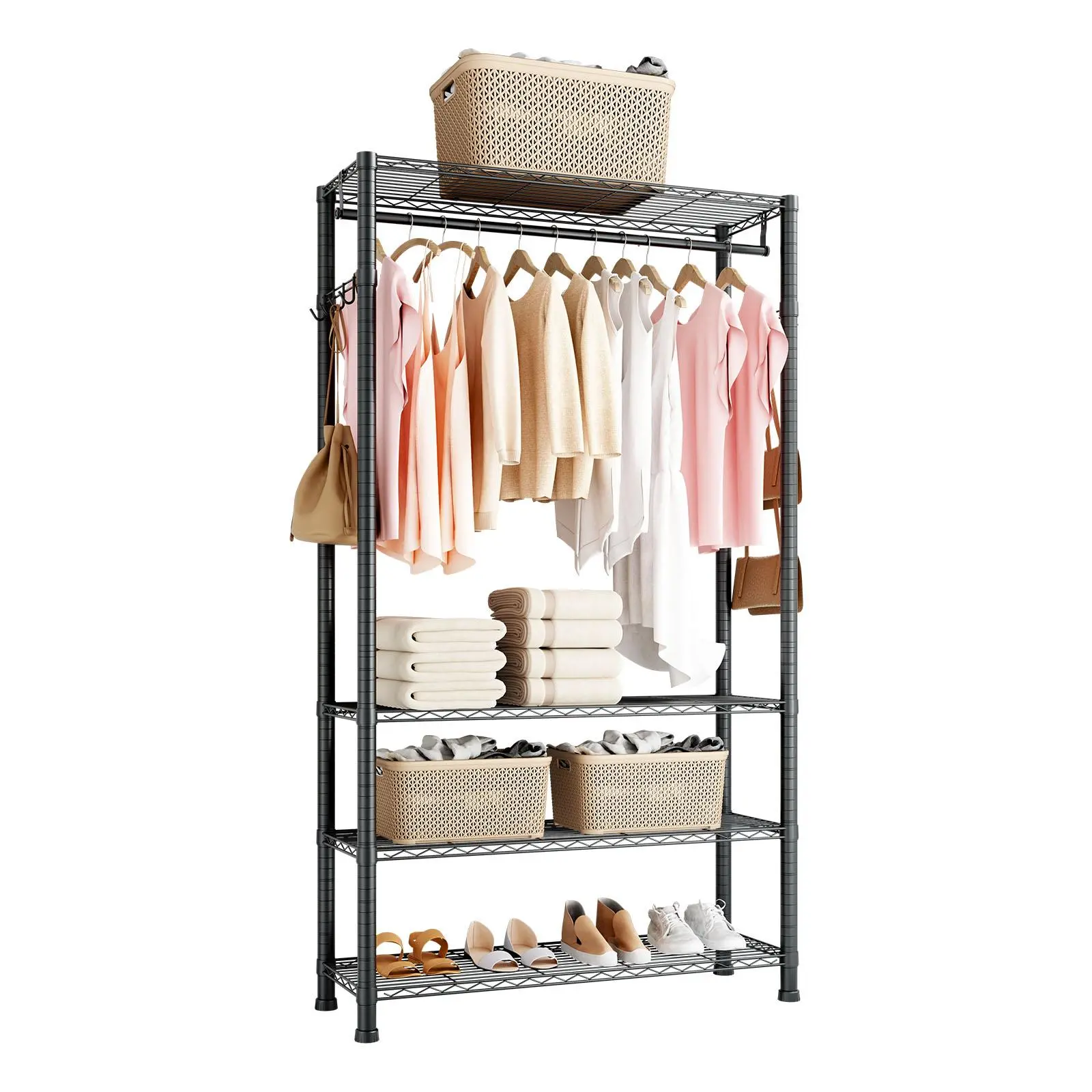 【Summerfinds】VEVOR Clothing Garment Rack,Heavy Duty Clothing Garment Rack4 Adjustable Tiers Clothing Racks with Carbon Steel500 lbs Load Capacity Closet Wardrobe for BedroomClothing StoreHallway