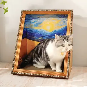Art 3D oil painting cat bed cat scratch board, cat toys, artistic home decoration, DIY cat bed artistic frame cat bed Calming