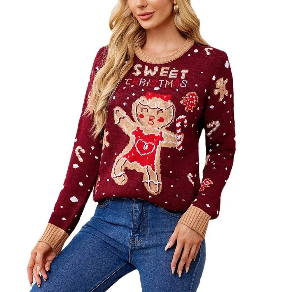 YESFASHION Women's Cute Gingerbread Man Christmas Pullover - Round Neck, Long Sleeve, Sweet Letter Jacquard Knit Top, Candy Holiday Outfits Pairing Jeans Leggings, Skinny, Cardigans
