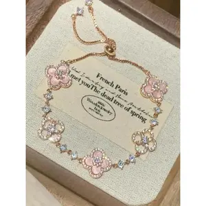 Women's Four-Leaf Clover Bracelet with Sparkling Quartz, Adjustable Allergy-Free Waterproof Design, Rose Option Available, Flower Design Bracelet Tarnish Free Elegant Bangle
