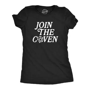 Womens Join The Coven T Shirt Funny Halloween Wiccan Witchcraft Joke Tee for Ladies Funny Womens T Shirts Cute Vintage Fashion Casual Ladies T-Shirt Gift Halloween Tops for Women Women's Novelty Tees Black -