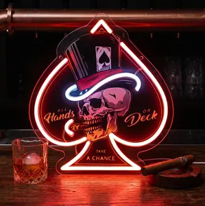 Skull Poker Neon Sign for Wall Decor, All Hands on Deck Ace of Spades LED Light for Man Cave, USB Powered Dimmable Neon Sign for Casino Night, Poker Room, Bar, Garage, Gamer Bedroom & Gift for Men