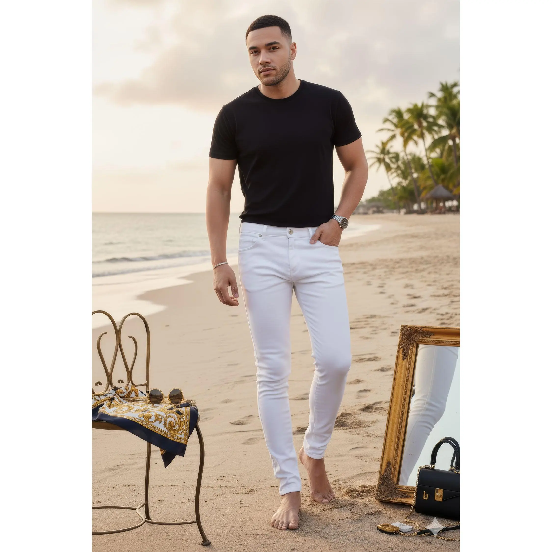 SKINNY Premium Jeans - Slim Fit Design, Mid Thigh Waist, Stretchy Fabric, Suitable for Men, Comfortable Fit, Perfect for Casual Wear Denim Menswear Cotton Beige Spandex White