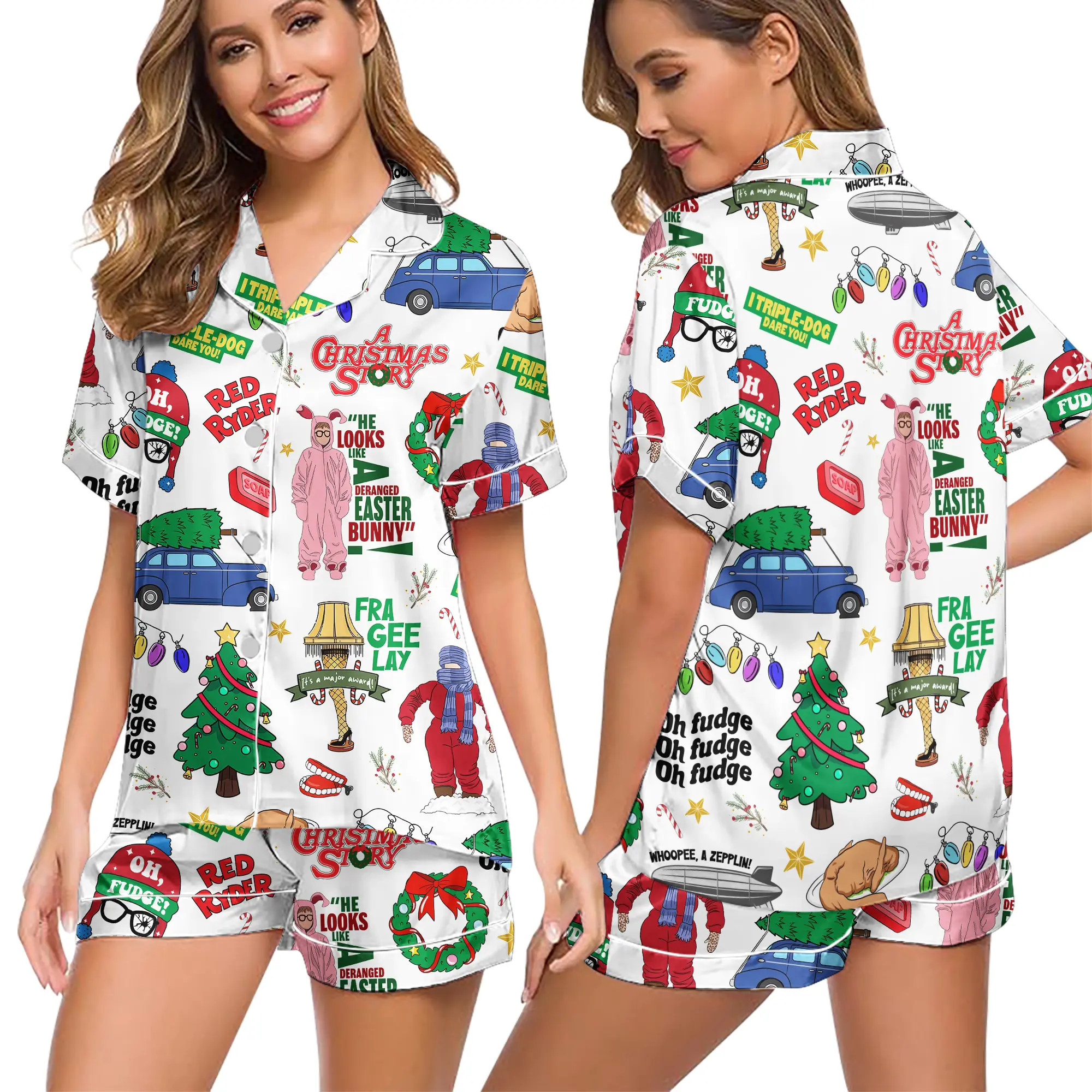 Women’s A Christmas Story Pajamas Set – Funny Holiday Movie Print Short Sleeve Button-Down & Shorts Sleepwear, Soft Silky Satin Lounge Set for Women